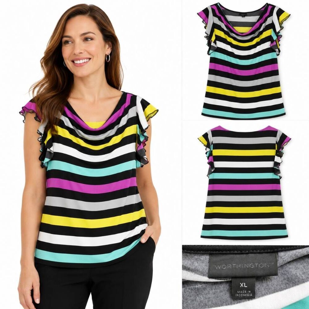 Worthington XL Multicolor Stripe Cowl Neck Flutter Top